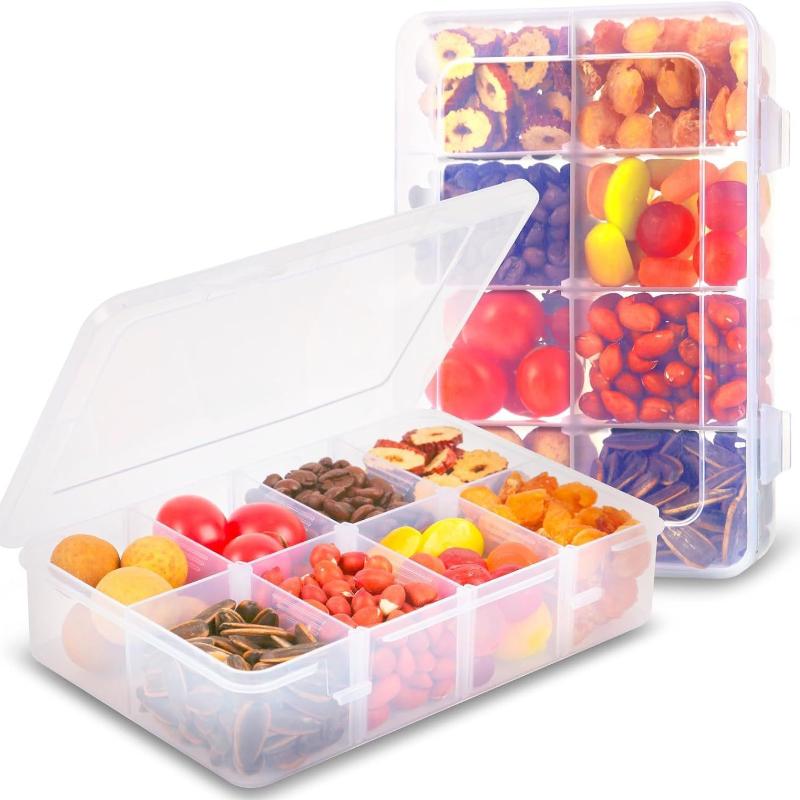 Food Snacks With Iron - 8グリッドスナックボックスコンテナ容量プラスチック収納ボックス、調整可能なコンパートメント蓋付き、スナック用、食品グレード、透明