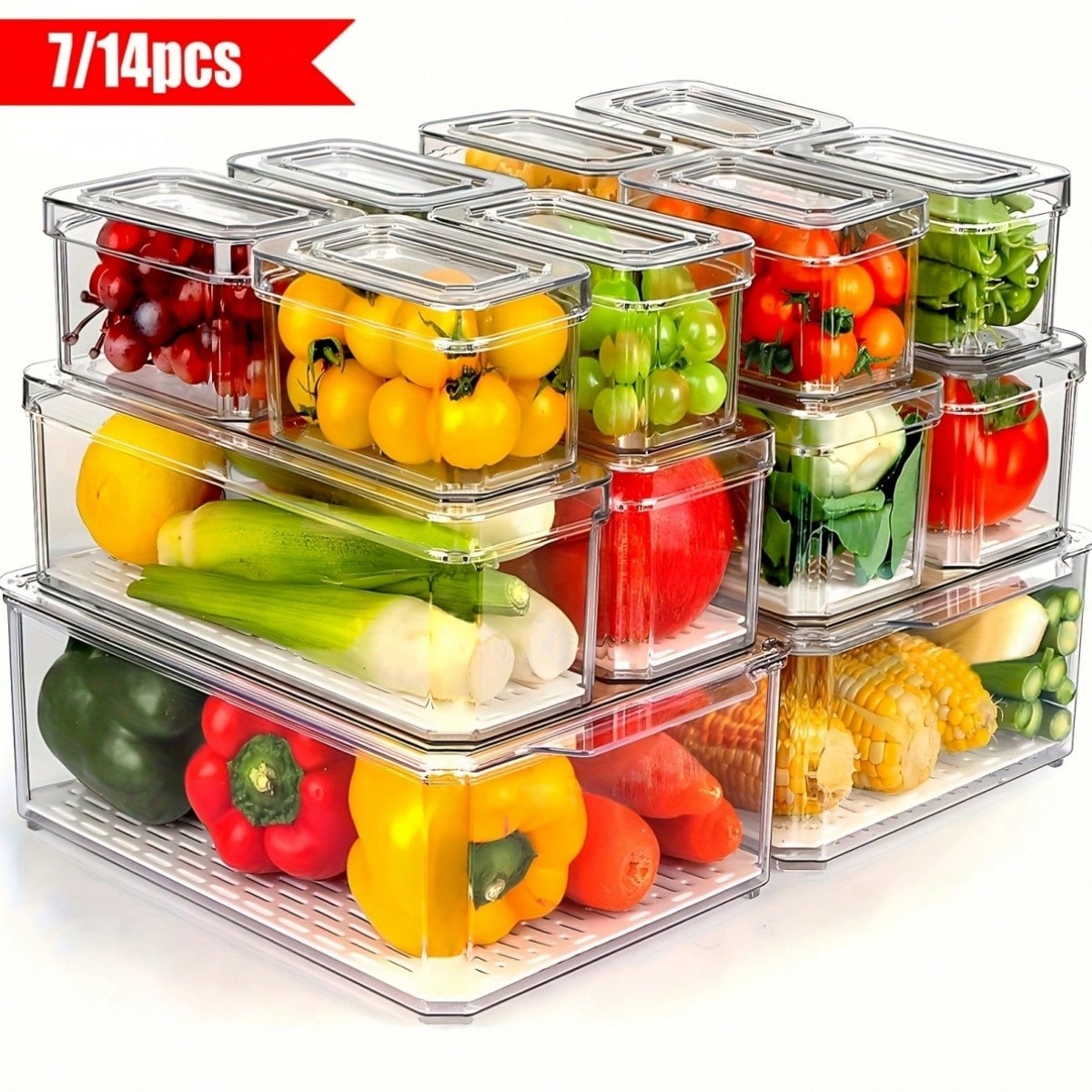 Food Snacks For Party - 7個/14個セットの積み重ね可能な冷蔵庫用収納ボックス（蓋付き）、果物、野菜、スナック、シリアル用の省スペース食品保存容器、冷蔵庫、キッチン、キャビネット用の多目的収納オーガナイザー、卒業、誕生日、パーティー、結婚式の理想的なギフト
