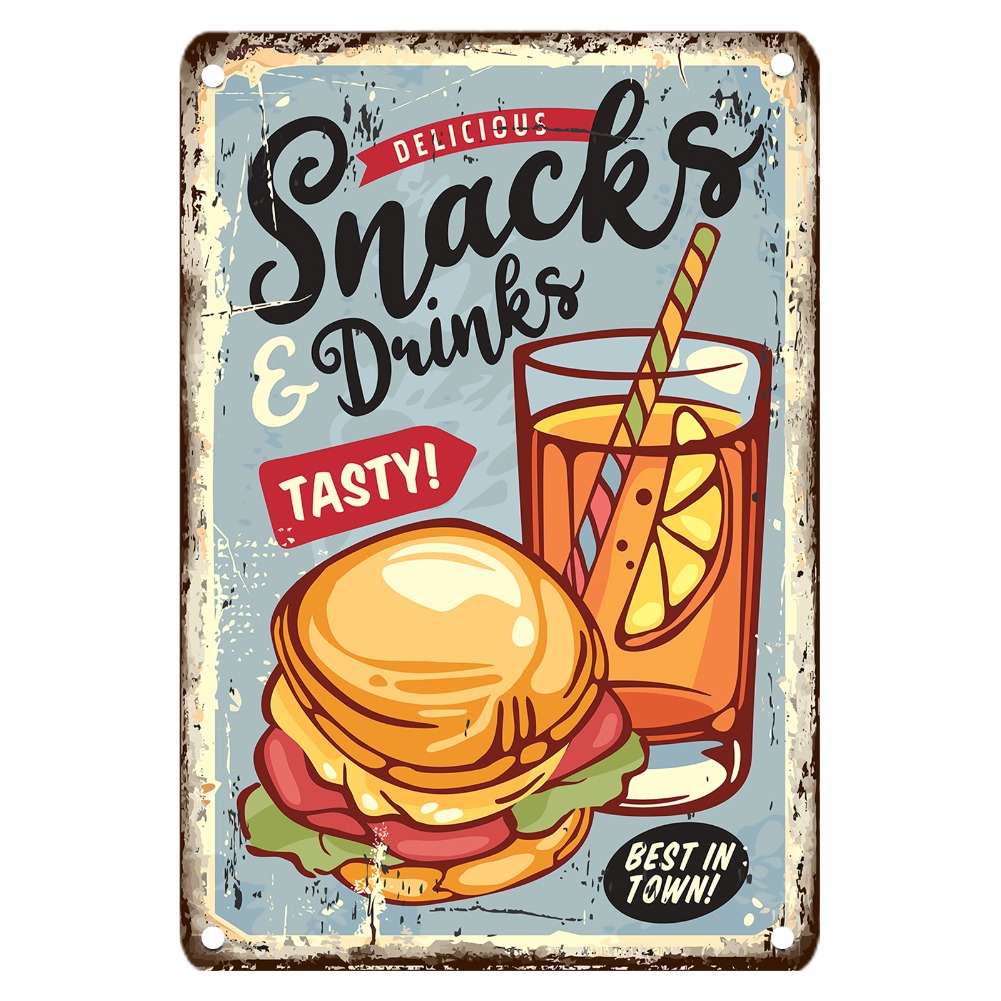 Food Snacks With Iron - ヴィンテージフードメタルサイン、12x8インチの鉄製壁飾り、レトロなスナック＆ドリンクデザインの飾り板、簡単に掛けられる穴あけ済み